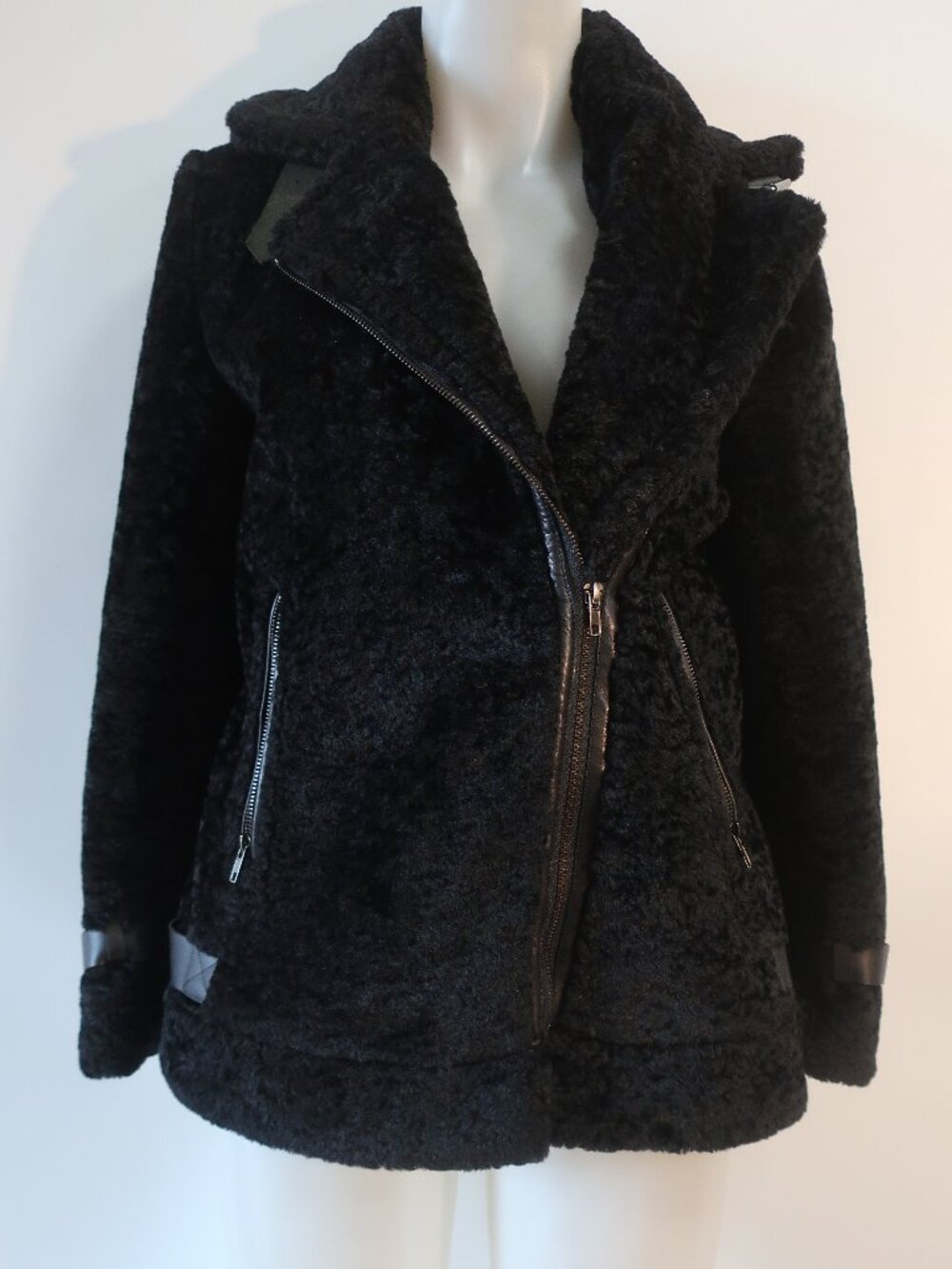 Womens Ecru Black (Item-38) Faux Fur Lamb Leather Cow Leather Zip Moto Jacket M